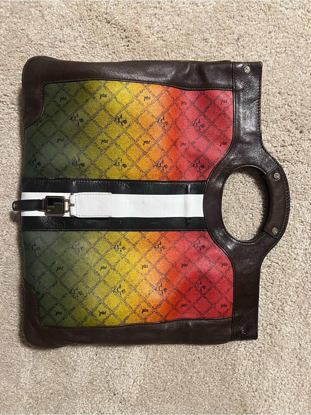 L.A.M.B. Multicolor Gradient Tote with Brown Leather Trim and White Strap